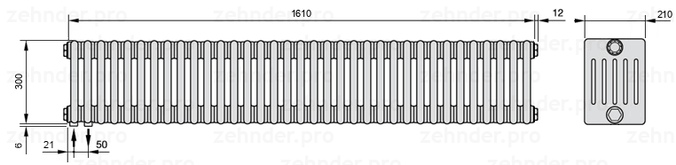Схема (чертеж) Радиатор Zehnder Charleston 6030/35 №3370 Белый глянцевый RAL 9016